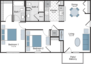 TWO - Two Bedroom / Two Bath floor plan